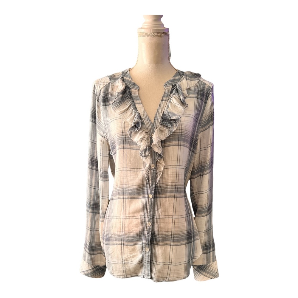 Paige Plaid Shirt Button Up  Distressed Ruffle Collar Festival Semi Sheer Size M - Picture 3 of 9
